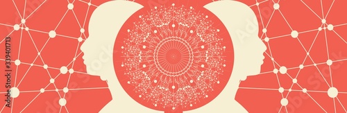 Profile of the head of a man. Mental health relative design template. Scientific medical and technology design. Connected lines with dots.