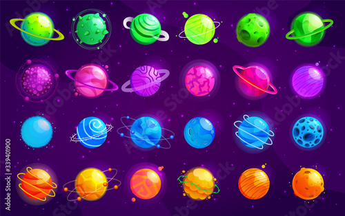 Vector set of cartoon planets. Colorful set of isolated objects. Space background. Colorful universe. Game design. Fantasy space planets for ui galaxy game. EPS 10.