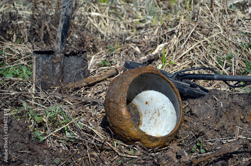 19th century cast-iron kitchen pot. It was distributed in the Russian Empire. Found with metal detector. Poltava Region, Ukraine