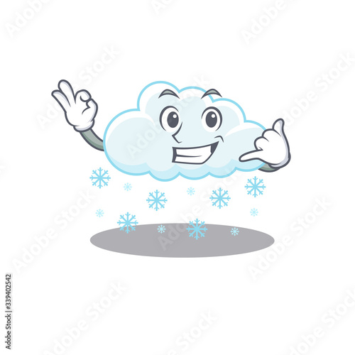 Cartoon design of snowy cloud with call me funny gesture