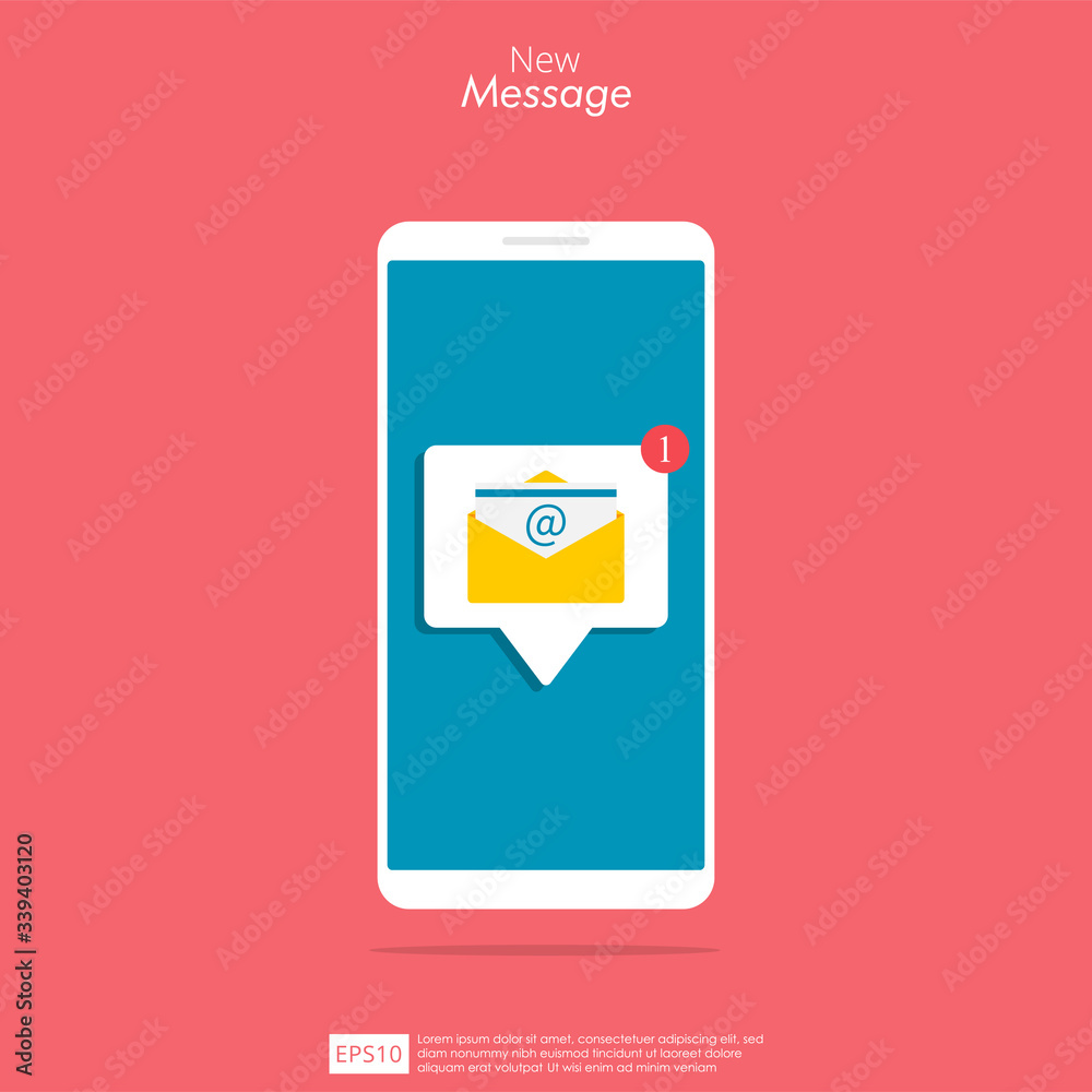 Email notification on smartphone concept. New message alert for communication with envelope and speech bubble symbol. Vector illustration Email notification on smartphone concept. New message alert for communication with envelope and speech bubble symbol. Vector illustration