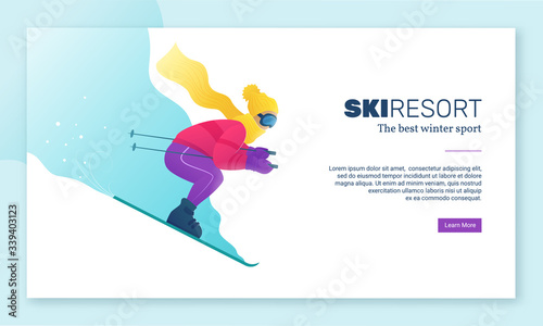 Skier in ski clothes and goggles skiing downhill. Ski resort vector illustration in cartoon style. Winter seasonal recreation in mountings. Woman goes downhill skiing. Wintertime vacation
