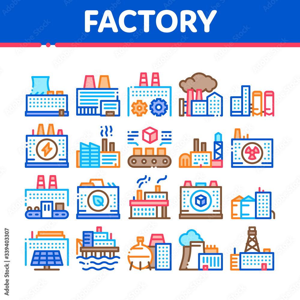 Factory Industrial Collection Icons Set Vector. Factory Building, Oil And Chemical Plant, Energy And Solar Electricity Manufacturing Concept Linear Pictograms. Color Illustrations