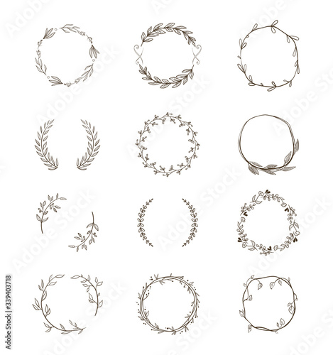 Set round floral wreaths. Vector Illustration in hand drawn style isolated on white background.