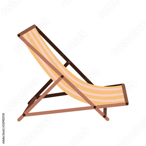 Hammock-chair with stripes, lounge seat of yellow and white color, wooden empty sunbed chaise-longue. Vector Illustration in cartoon style isolated on white background.