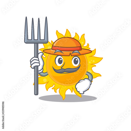 Cartoon character design of summer sun as a Farmer with hat and pitchfork