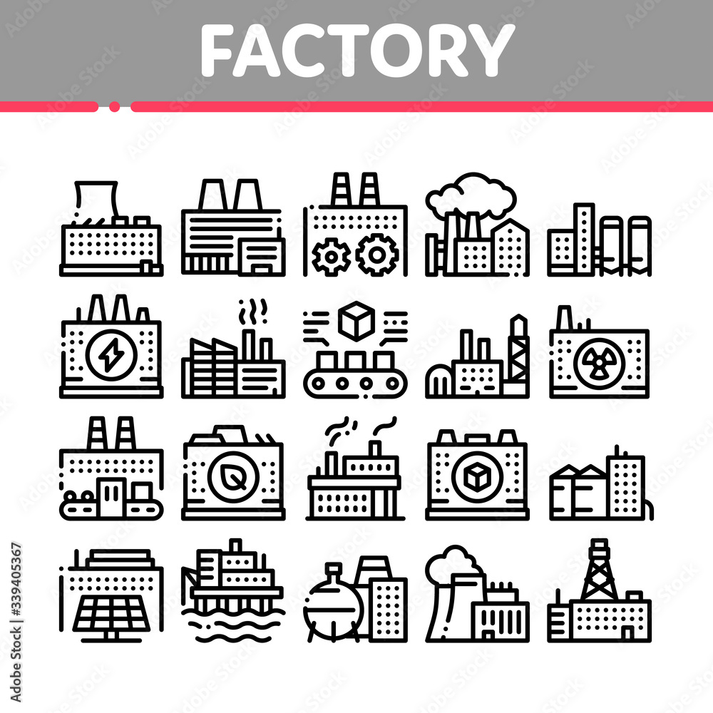 Factory Industrial Collection Icons Set Vector. Factory Building, Oil And Chemical Plant, Energy And Solar Electricity Manufacturing Concept Linear Pictograms. Monochrome Contour Illustrations