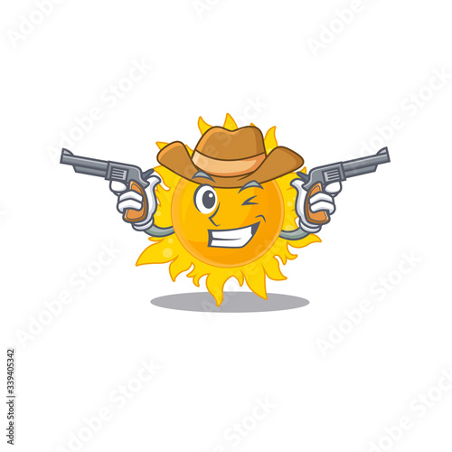 Cute handsome cowboy of summer sun cartoon character with guns