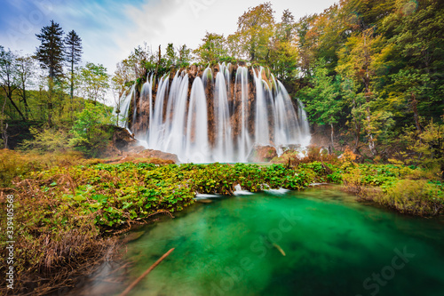 Plitvice Lakes large waterfall in Croatia, long exposure