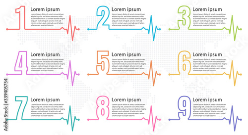 Infographic elements thin line and heart rate style, 9 options. © R-CREATIVE