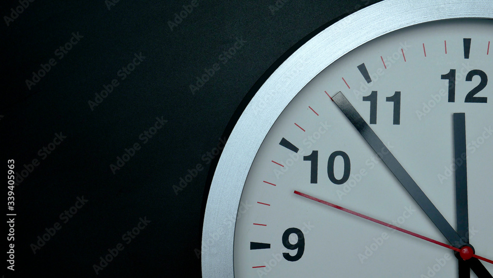 Countdown clock Twelve o'clock White wall clock on black background,  Concept It is 100 Seconds to Midnight. Stock Photo | Adobe Stock