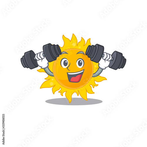 Mascot design of smiling Fitness exercise summer sun lift up barbells