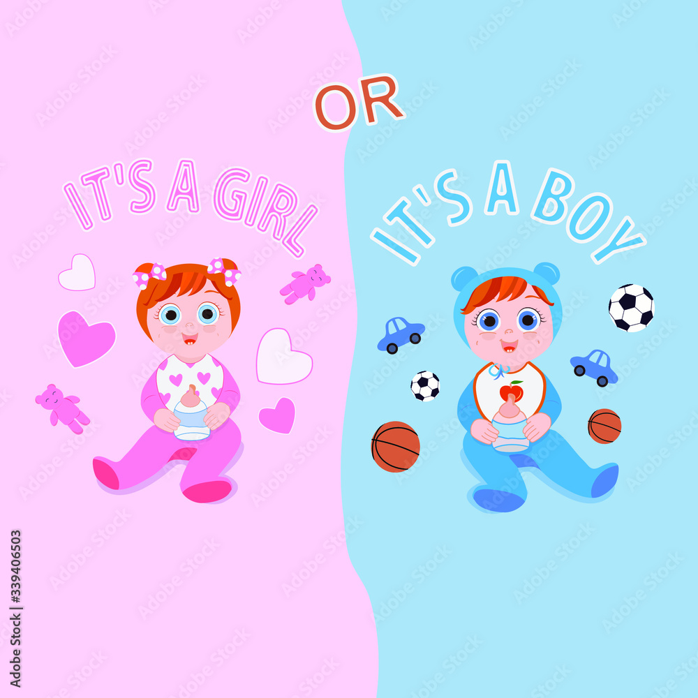 Image of cute cartoon boy with cars and balls on a blue background and girls with hearts and bears on pink in a flat style. There is an inscription Image of cute cartoon boy with cars and balls on a blue background and girls with hearts and bears on pink in a flat style. There is an inscription