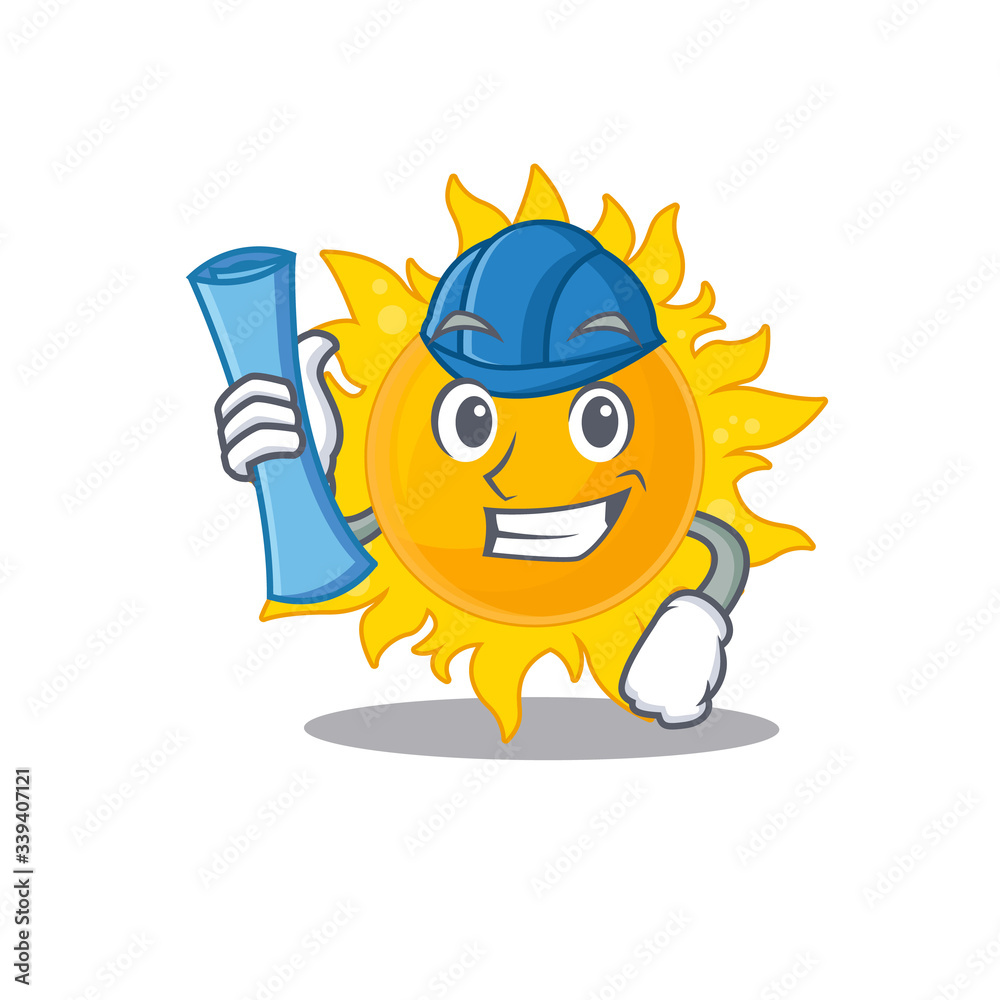 Cartoon character of summer sun brainy Architect with blue prints and blue helmet