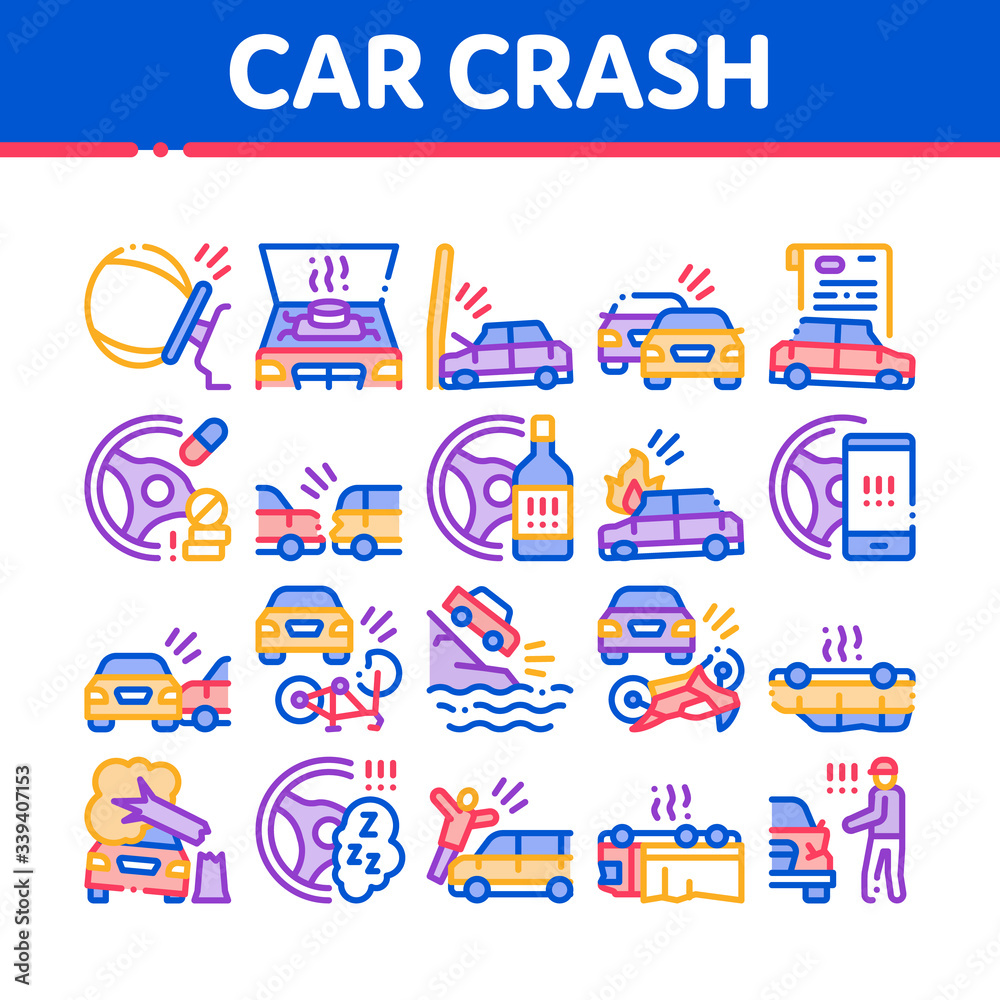 Car Crash Accident Collection Icons Set Vector. Car Crash And Burning, Airbag Deployed And Broken Engine, Drunk And Fell Asleep At Wheel Concept Linear Pictograms. Color Illustrations