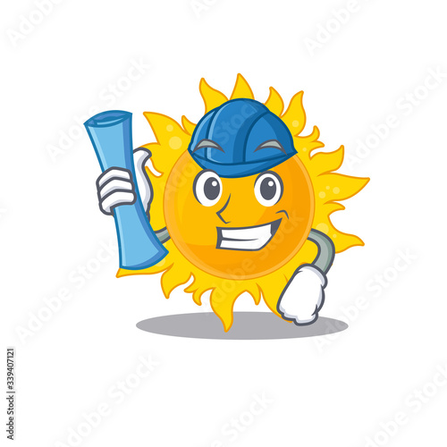 Cartoon character of summer sun brainy Architect with blue prints and blue helmet