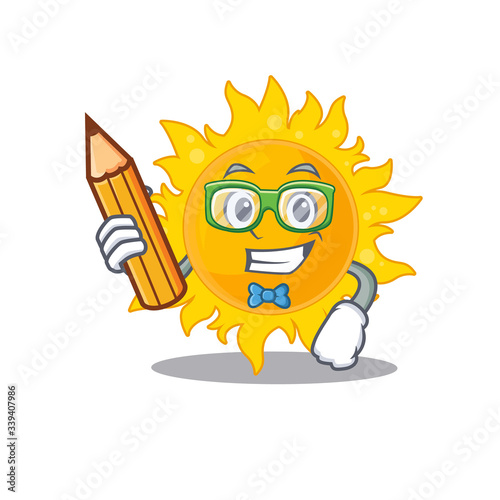 A brainy student summer sun cartoon character with pencil and glasses
