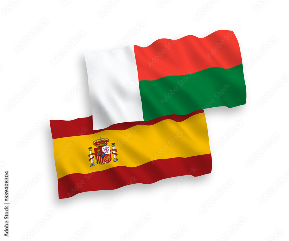 Flags of Madagascar and Spain on a white background