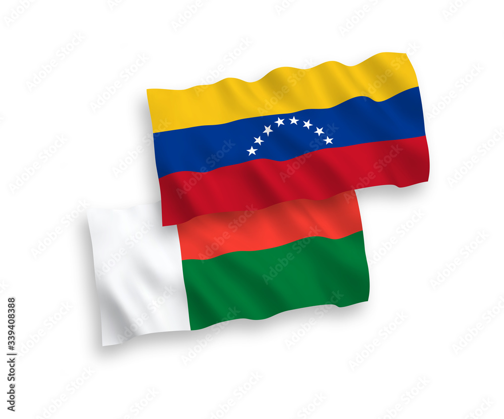Naklejka premium Flags of Venezuela and Madagascar on a white background