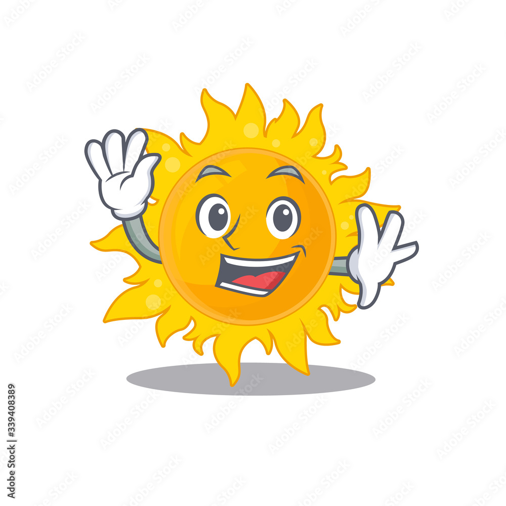 A charismatic summer sun mascot design style smiling and waving hand