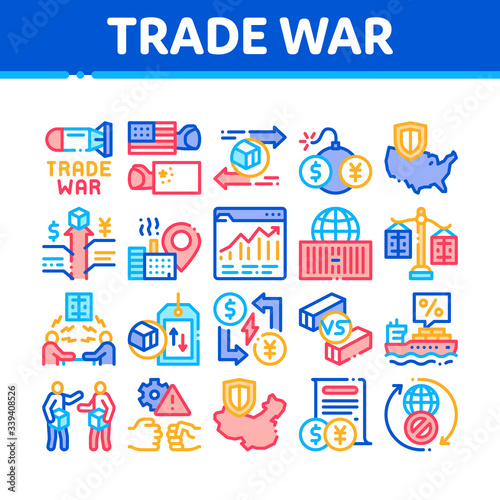 Trade War Business Collection Icons Set Vector. Trade War Bomb And Rocket, Usa And China Economy Fighting, Dollar Vs Yuan Concept Linear Pictograms. Color Illustrations
