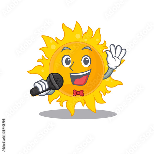 Talented singer of summer sun cartoon character holding a microphone