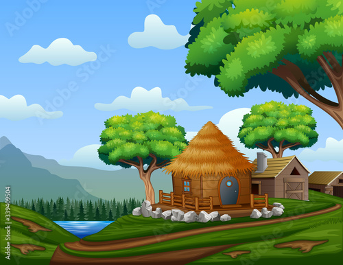 Cartoon barn house with a cabin on the hill