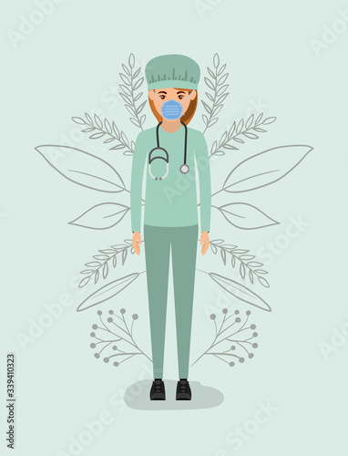 Woman doctor with mask and uniform against 2019 ncov virus vector design