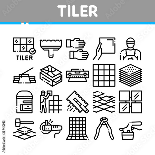Tiler Work Equipment Collection Icons Set Vector. Tiler Rectangular Notched Trowel And Electrical Tile Cutter, Level Tool And Grinder Concept Linear Pictograms. Monochrome Contour Illustrations