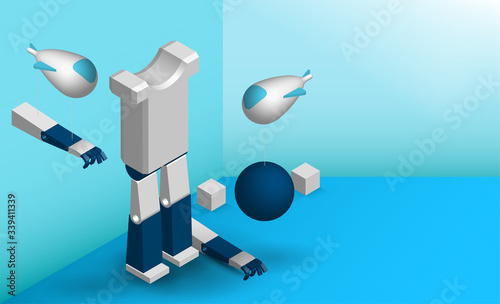 Isometry, toy aircraft, airplanes assemble a humanoid robot. New technologies. Illustration