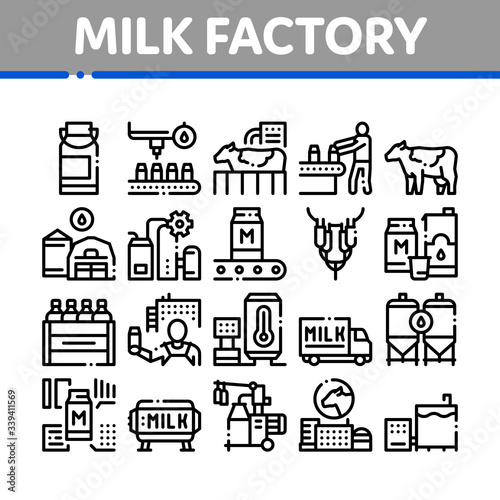 Milk Factory Product Collection Icons Set Vector. Cow And Milk In Can, Conveyor And Plant, Bottle And Package, Truck Delivery And Machine Concept Linear Pictograms. Monochrome Contour Illustrations