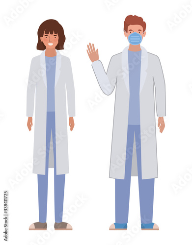 Man and woman doctor with uniforms and mask vector design