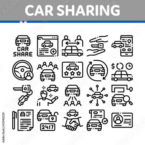 Car Sharing Business Collection Icons Set Vector. Car Share Deal And Agreement, Web Site And Phone Application, Key And Driver License Concept Linear Pictograms. Monochrome Contour Illustrations
