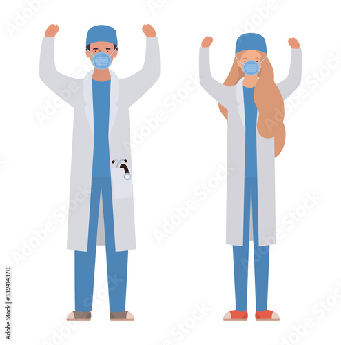 Man and woman doctors with masks against 2019 ncov virus vector design