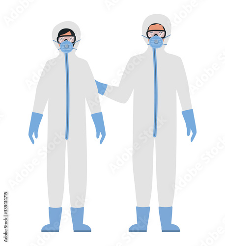 Doctors with protective suits glasses and masks against Covid 19 vector design
