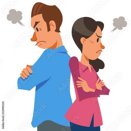 Angry couple standing back to back. Quarreling man and woman. Vector illustration in flat cartoon style.