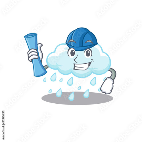 Cartoon character of cloudy rainy brainy Architect with blue prints and blue helmet