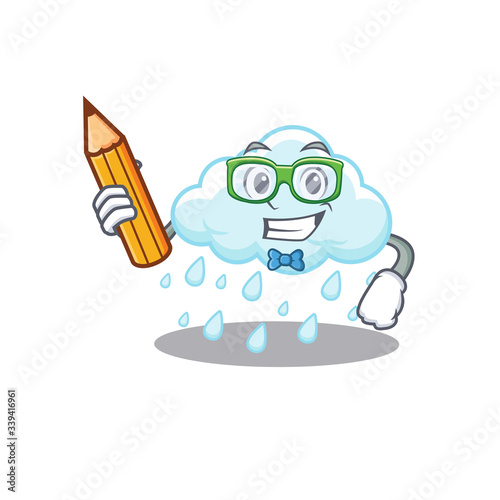A brainy student cloudy rainy cartoon character with pencil and glasses