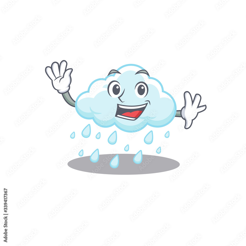 A charismatic cloudy rainy mascot design style smiling and waving hand