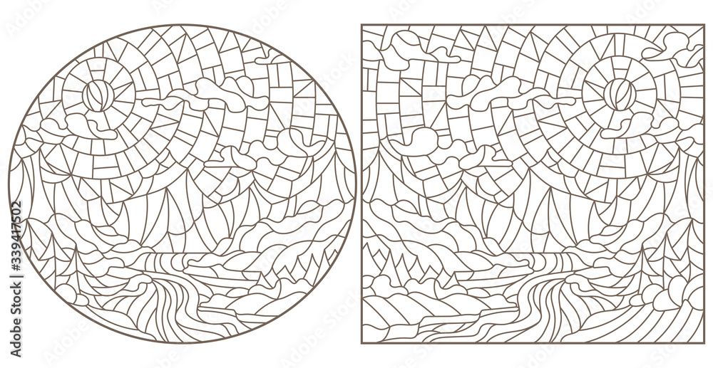 Set contour illustrations of stained glass in the stained glass style with scenery of wild nature, a mountain river , a dark outline on a white background