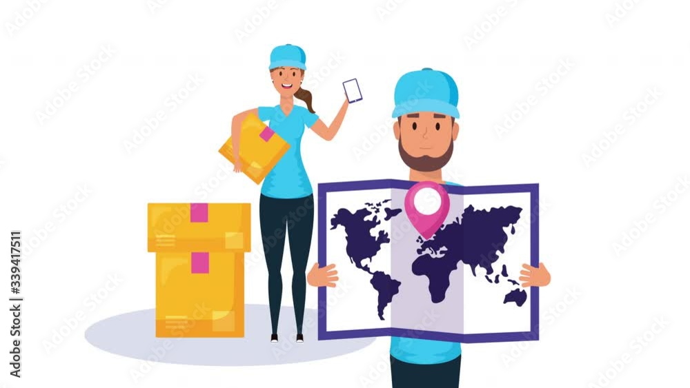 logistic couple workers with boxes and paper map logistic couple workers with boxes and paper map