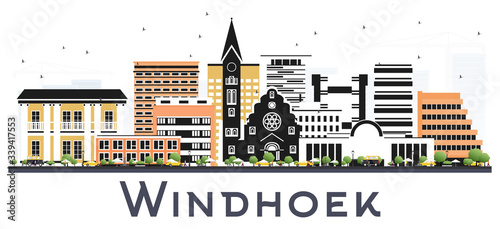 Windhoek Namibia City Skyline with Color Buildings Isolated on White.