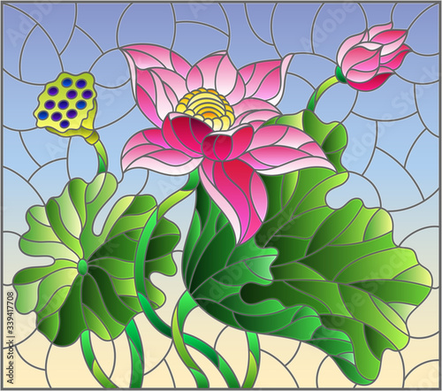 Illustration in stained glass style with flowers, buds and leaves of a pink Lotus  on a blue sky background