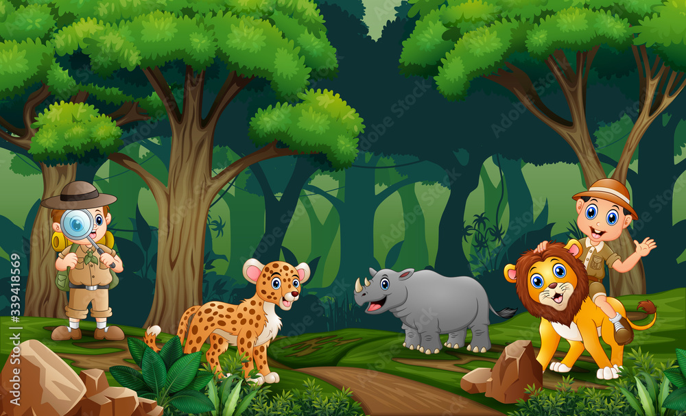 Obraz premium Safari boys with animals in the forest