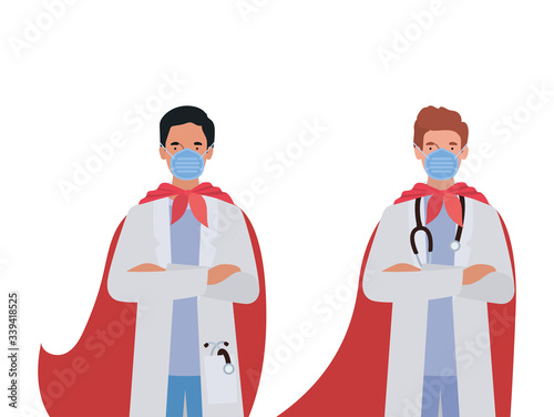men doctors heroes with capes against 2019 ncov virus vector design