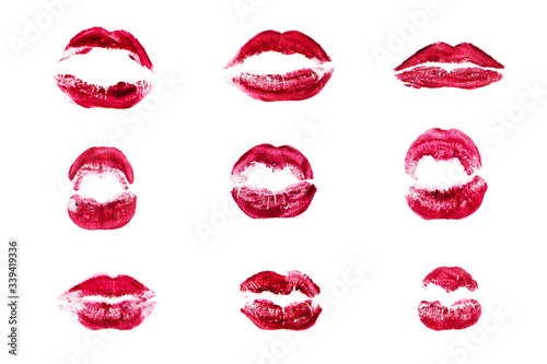 Red lipstick kiss print set on white background isolated closeup  sexy burgundy lips make up stamp collection  photography of different shapes female pink kiss imprint  love sign  passion symbol  icon