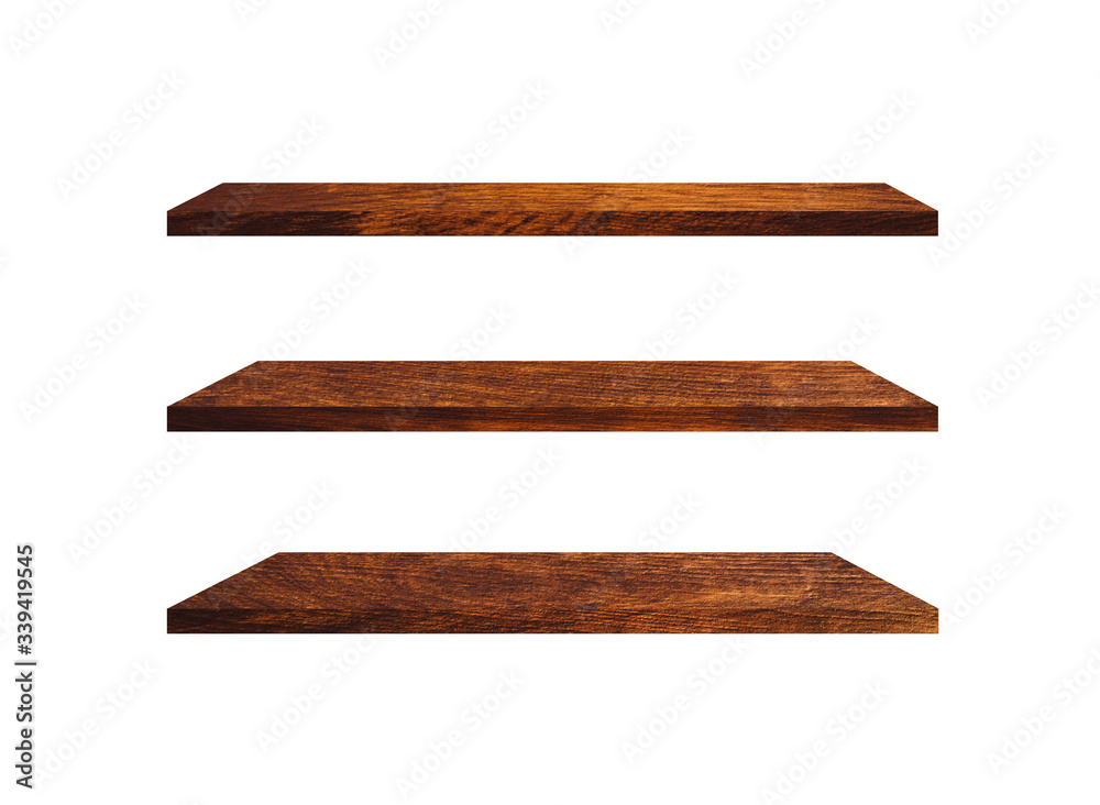 Three wooden shelves isolated on white background with clipping path for your product or design Three wooden shelves isolated on white background with clipping path for your product or design