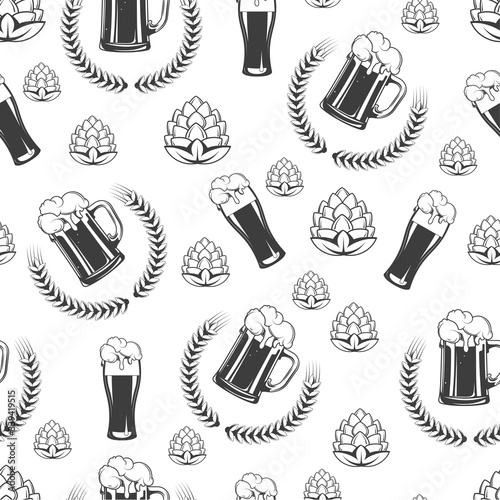 Beer glass with hops and wheat wreath seamless pattern