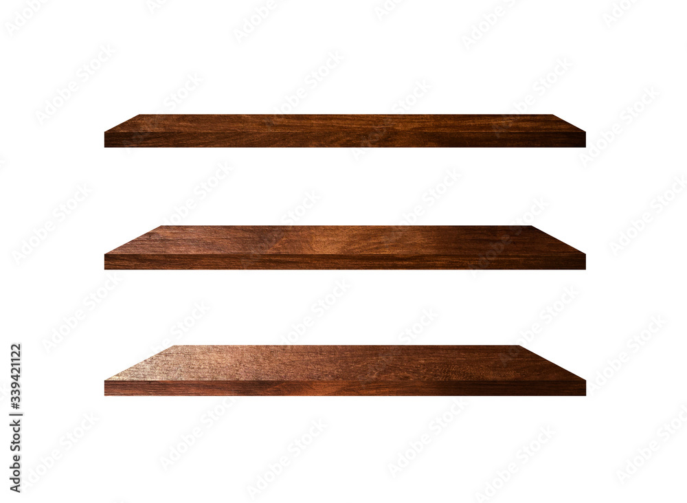 3 Retro wood shelves isolated on white background with copy space and clipping path for work 3 Retro wood shelves isolated on white background with copy space and clipping path for work