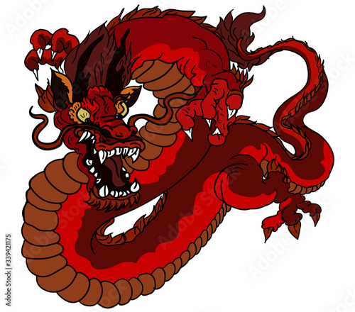 Hand drawn Chinese dragon isolate on white background.red dragon tattoo Japanese style.